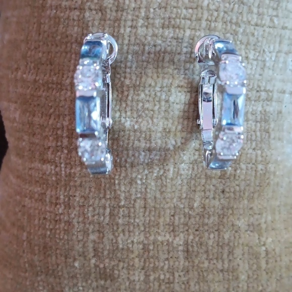 Silver Tone Rhinestone Lever Back Hoop Earrings - Picture 5 of 7